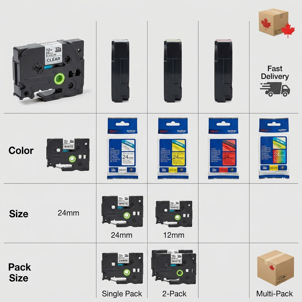 Matrix showing Brother TZe-151 laminated tape in various colors, 12mm and 24mm sizes, and pack options.