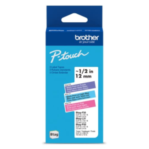 Rubans non laminés Brother d'origine BTAG3M02 pour étiqueteuses P-touch, lot de 3 couleurs – 12 mm de large x 4 m de long