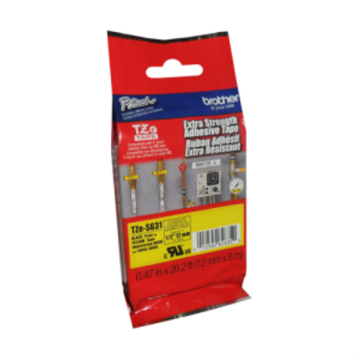 Ruban adhésif extra fort noir sur jaune Brother Genuine TZe-S631 pour étiqueteuses P-touch, 12 mm de large x 8 m de long