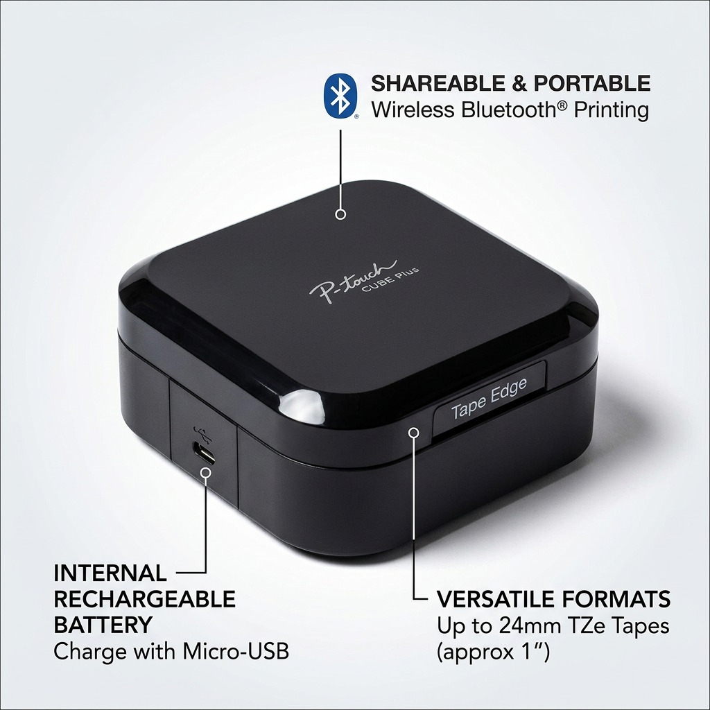 Brother P-touch CUBE Plus label maker features: Bluetooth printing, rechargeable battery, and 24mm TZe tape.
