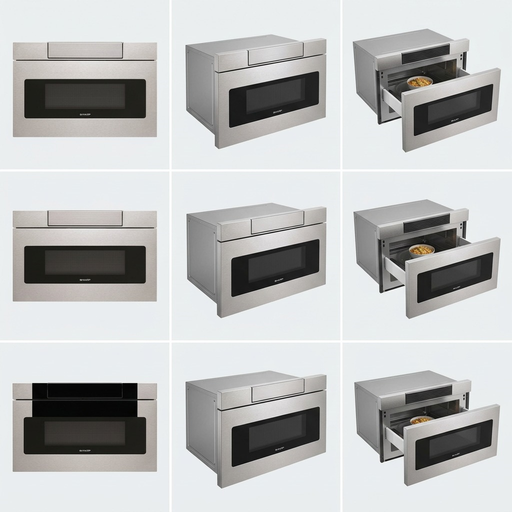 A three-column grid shows the SHARP SMD2477ASC Microwave Drawer from the front, in 3/4 perspective, and with the drawer open.