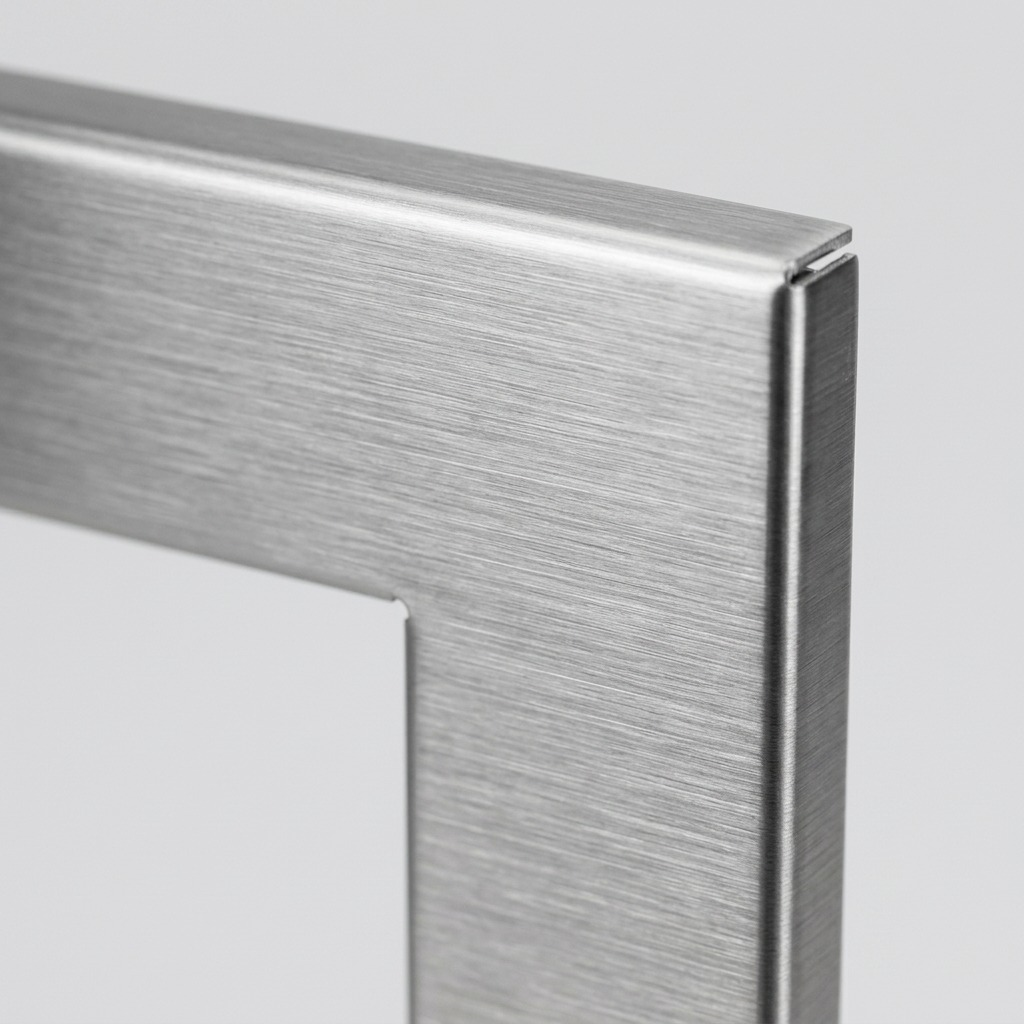 An extreme macro photograph showcasing the precise grain finish of the Sharp SKM226430LS stainless steel trim kit.
