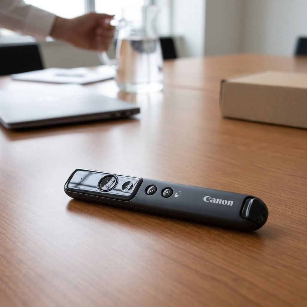 Canon PR1100-R Wireless Presenter on a wooden conference table in a bright office environment.