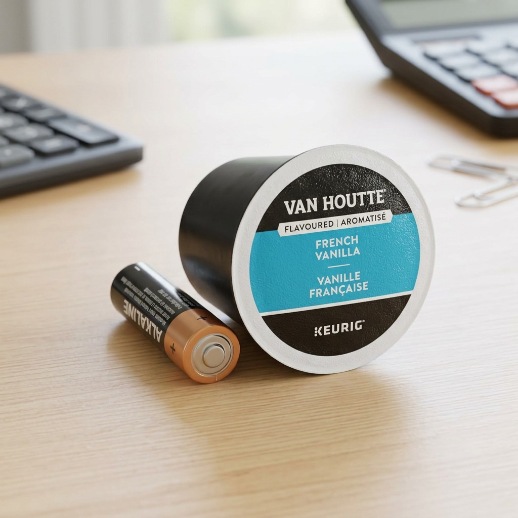 Van Houtte French Vanilla K-Cup pod on a desk next to an AA battery for scale reference.
