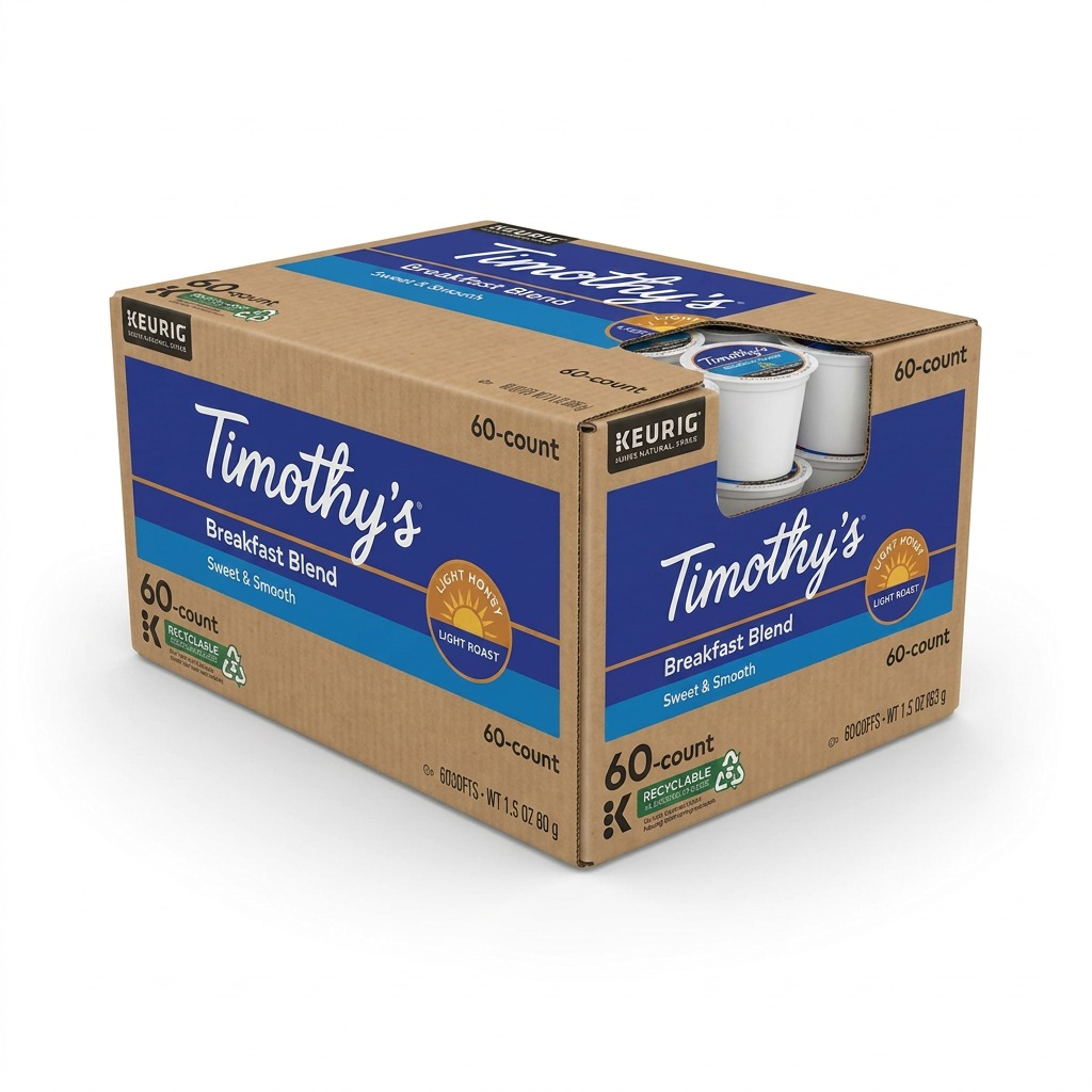 60-count box of Timothy's Breakfast Blend K-Cup pods, 100% Arabica light roast coffee for Keurig.