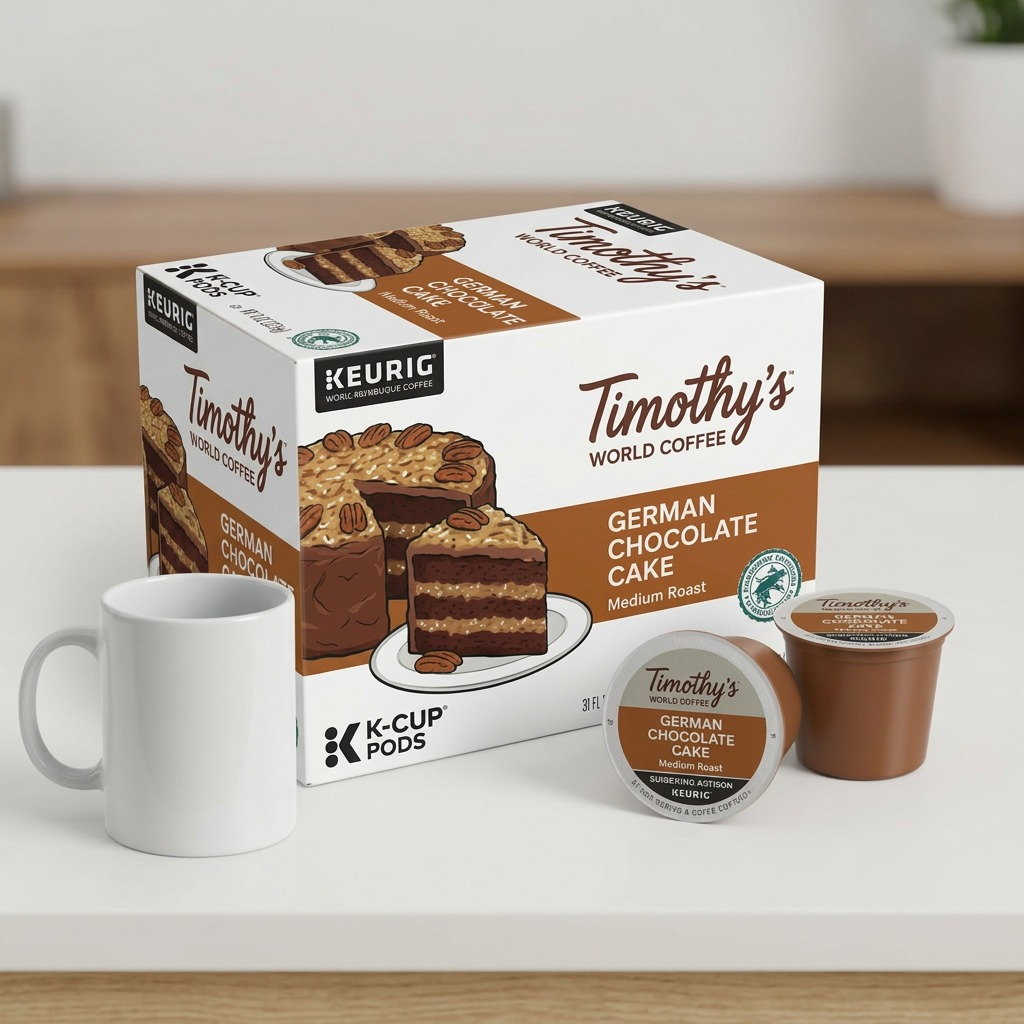 A white coffee mug sits next to a 24-count box and individual Timothy's German Chocolate Cake pods.