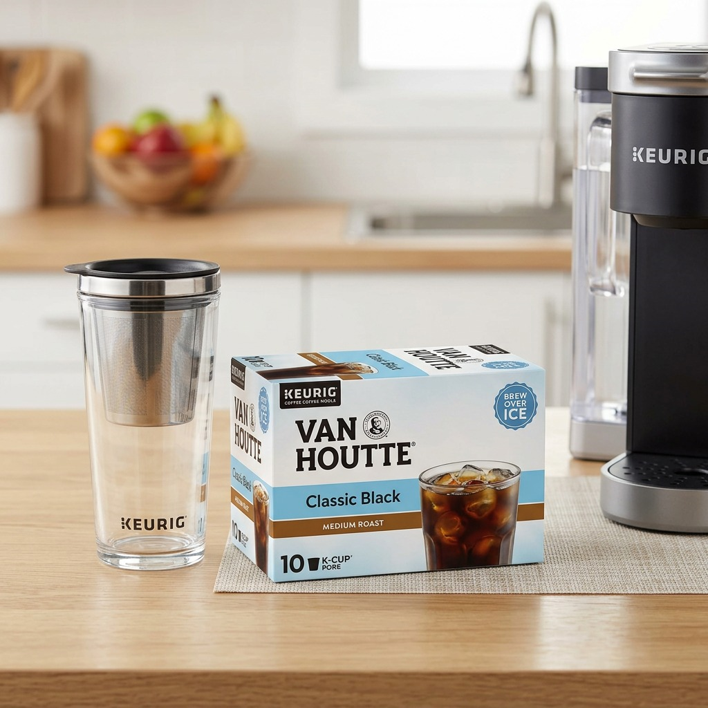 Van Houtte Classic Black 10-pack box beside a Keurig brewer and glass tumbler on a kitchen counter.