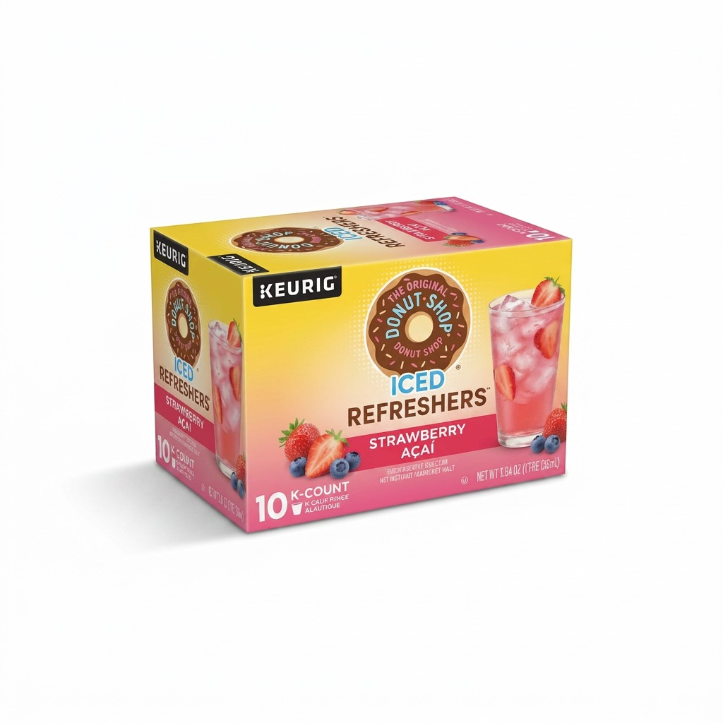 Keurig The Original Donut Shop Iced Refreshers Strawberry Acai 10-count K-Cup pod box.