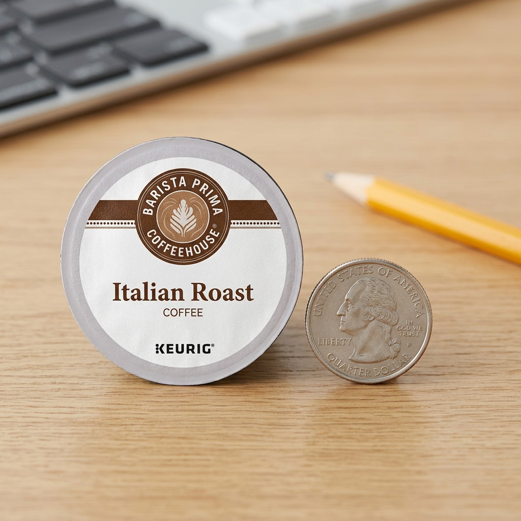 A Barista Prima Italian Roast K-Cup pod placed next to a quarter and pencil for scale reference.