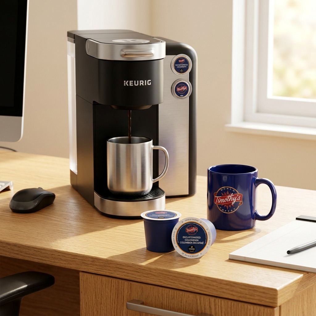 Timothy's Decaf Colombian K-Cups show size reference on a desk next to a Keurig machine and mug.