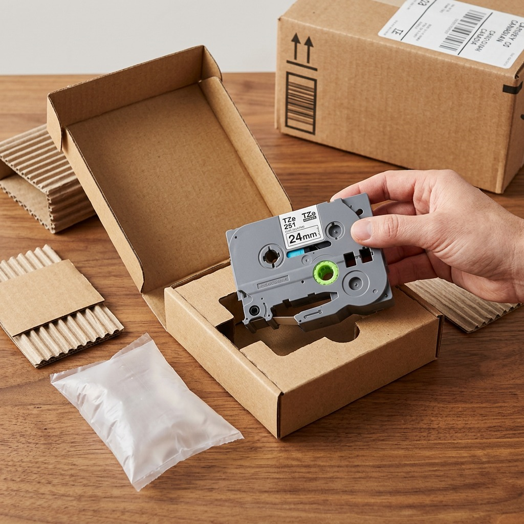 Hand unboxing a Brother TZe251 24mm label tape from a secure cardboard shipping box with padding.