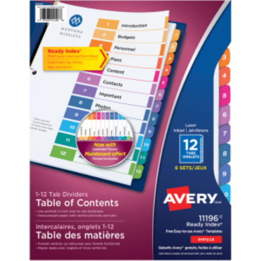 Avery Ready Index Table of Contents Dividers, 12 Tab, 6 Sets