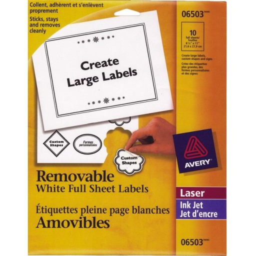 Avery ID Labels, 8 1/2" x 11", Removable, 10 Sheets/Envelope