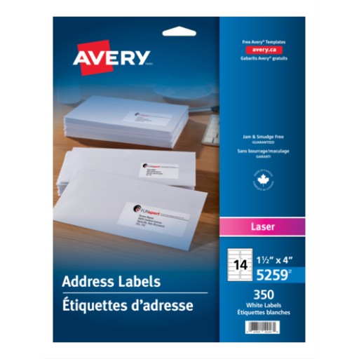 Avery White Labels, 4" x 1 1/2", Permanent, 25 Sheets/Envelope, 350 Labels