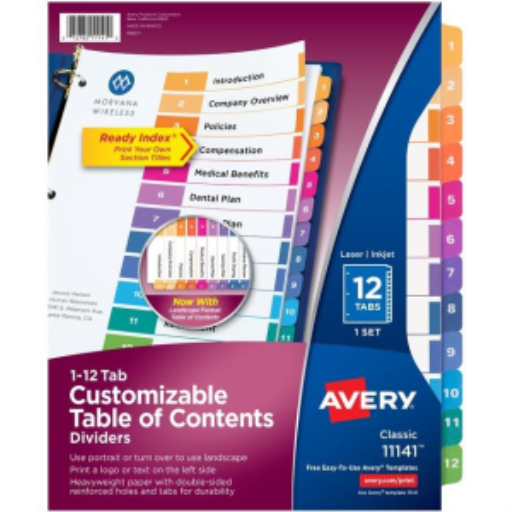 Avery Ready Index Table of Contents Dividers, 12 Tab, 1 Set