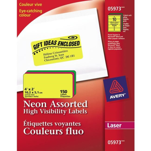 Avery High Visibility Labels, 4" x 2", Assorted Neon Colours, Permanent