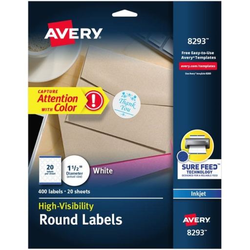 Avery High Visibility Labels, 1 1/2" Diameter Round, White, Permanent