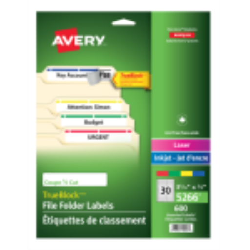 Avery Filing Labels, TrueBlock, 3 7/16" x 2/3", Permanent, Assorted