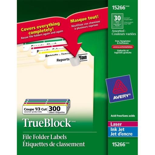 Avery Filing Labels, TrueBlock, 3 7/16" x 2/3", Permanent, Assorted