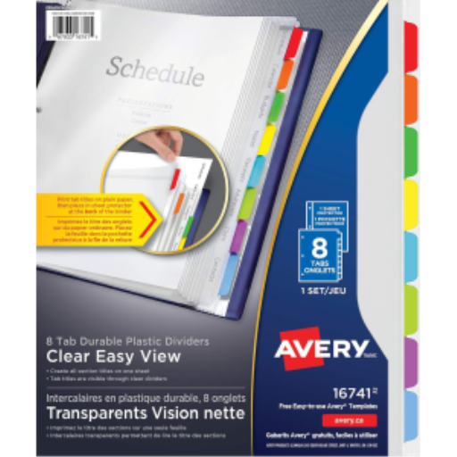 Avery Clear Easy View Dividers, 8 Tab, Multi-Colour Tabs