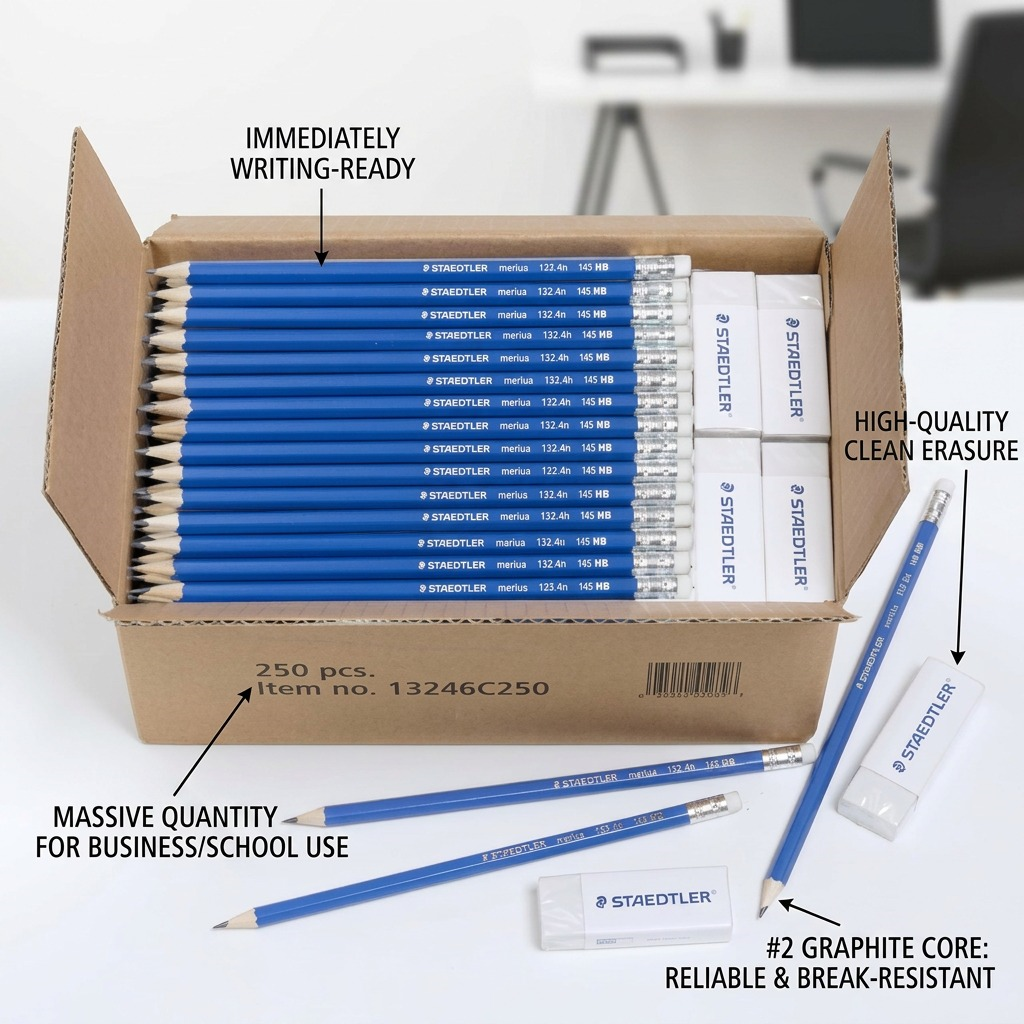 Staedtler Pre-Sharpened Wooden #2 Pencil with Block Erasers - Set of 250 Pencils, 20 Erasers