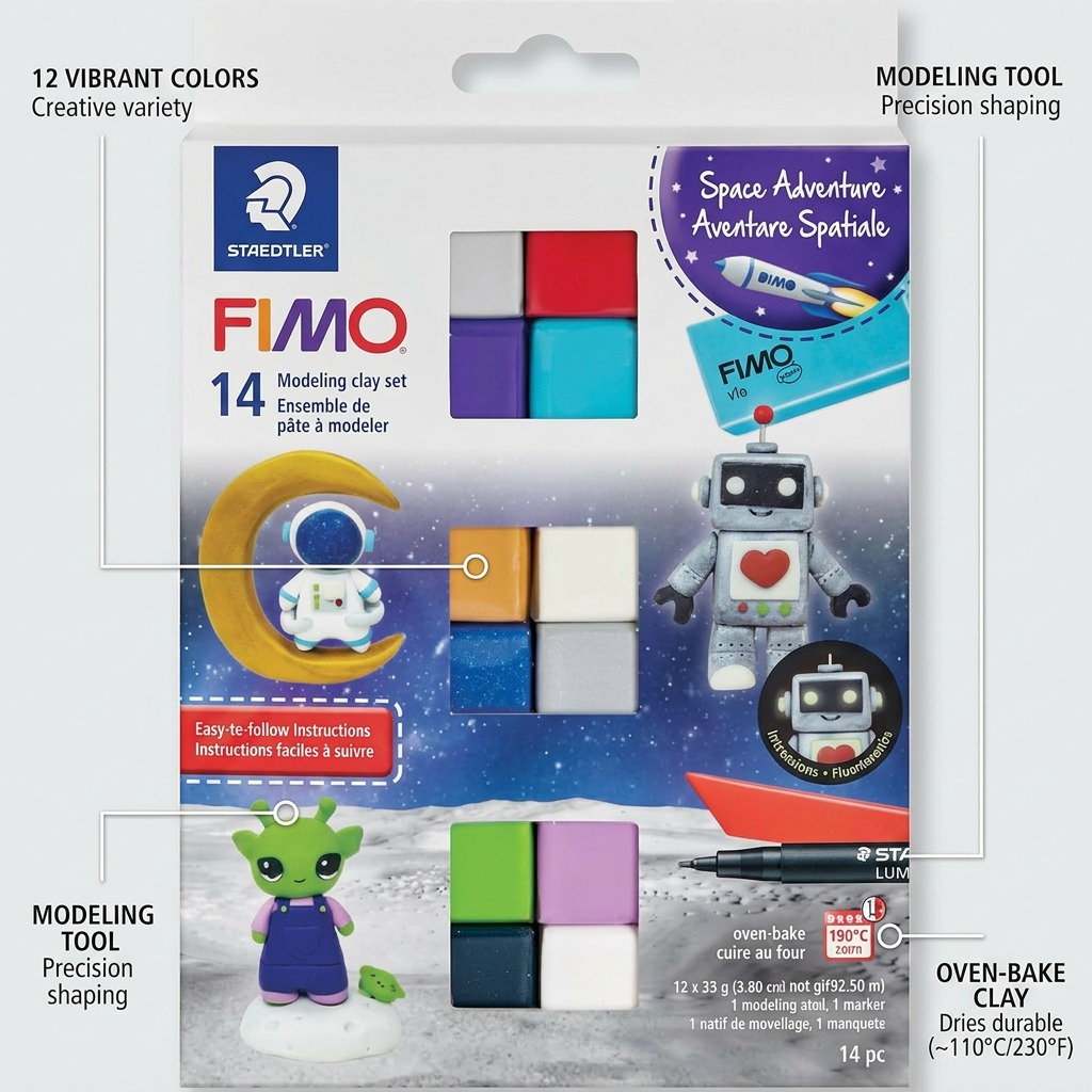 Staedtler Set Modelling Clay Fimo Soft Galaxy 12 Color Pack, 1 Permanent Marker, 1 Modelling Tool