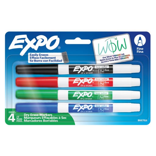 Expo Low Odor Dry Erase Markers - Fine Tip, Assorted Colors, 4-Pack