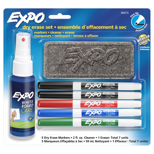 Expo Dry Erase Markers Kit - Fine Tip, Assorted Colors with Eraser & Spray Cleaner, 7-Pack