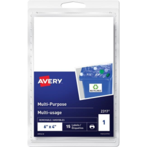 Avery Multi-Purpose Removable Labels for Laser and Inkjet Printers, 6" x 4", Matte White, Removable