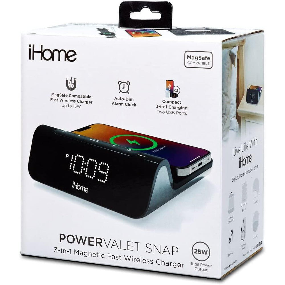 Réveil-matin iHome 3-en-1 avec chargeur sans fil rapide magnétique