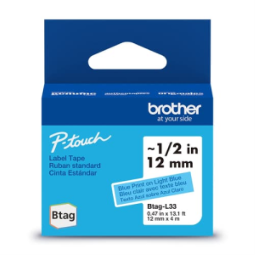 Ruban non laminé Brother d'origine BTAGL33 pour étiqueteuses P-touch, bleu sur bleu – 12 mm de large x 4 m de long