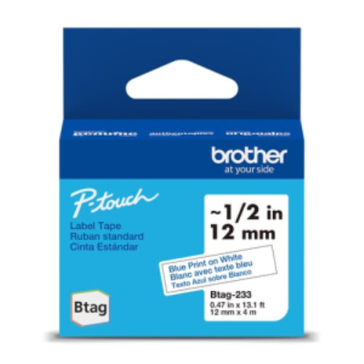 Ruban non laminé d'origine Brother BTAG233 pour étiqueteuses P-touch, bleu sur blanc – 12 mm de large x 4 m de long