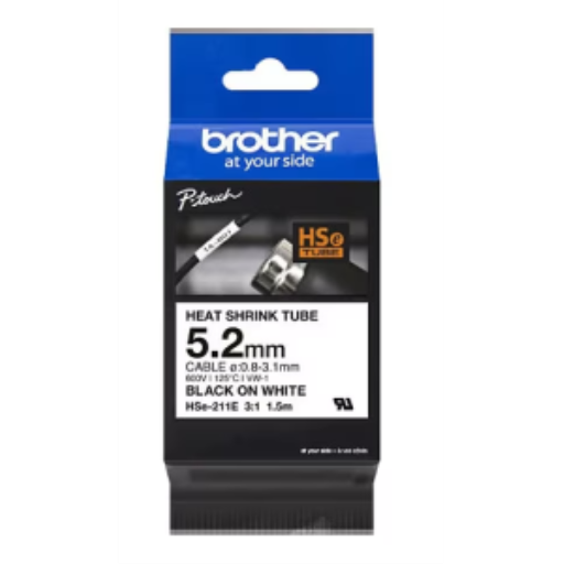 Étiquette tube thermorétractable noire sur blanc Brother HSE211E, 5,2 mm x 1,5 m