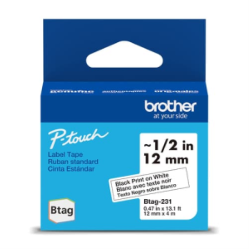 Brother Genuine BTAG231 Non-Laminated Tape for P-touch Label Makers, Black on White ? 12 mm wide x 4 m long