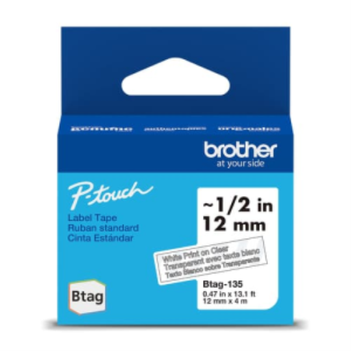 Ruban non laminé Brother d'origine BTAG135 pour étiqueteuses P-touch, blanc sur transparent – 12 mm de large x 4 m de long