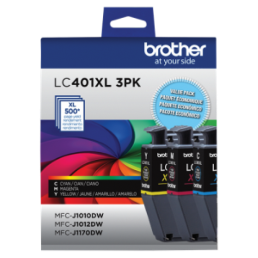 Pack de 3 cartouches d'encre couleur Brother LC401XL3PKS authentiques, haut rendement