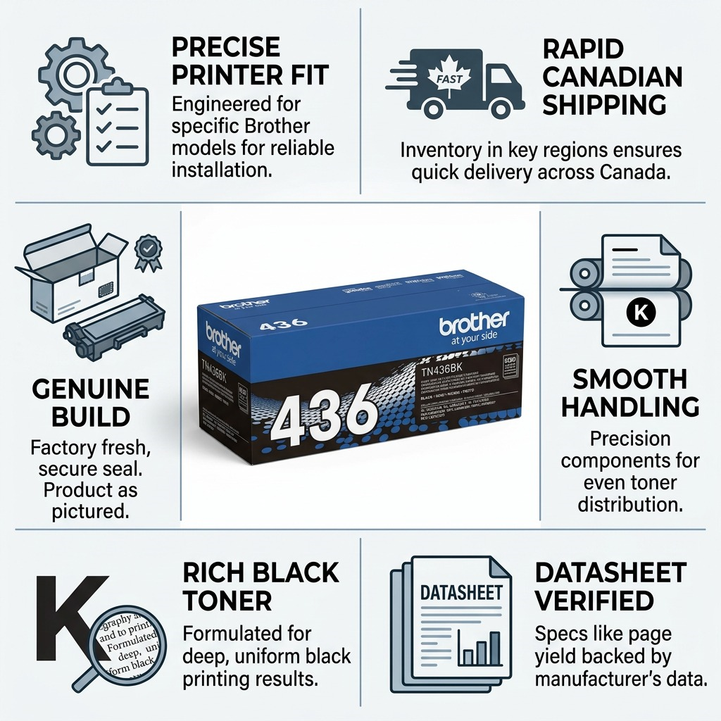 Infographic for Brother TN436BK Black Toner Cartridge highlighting Canadian shipping and genuine build.