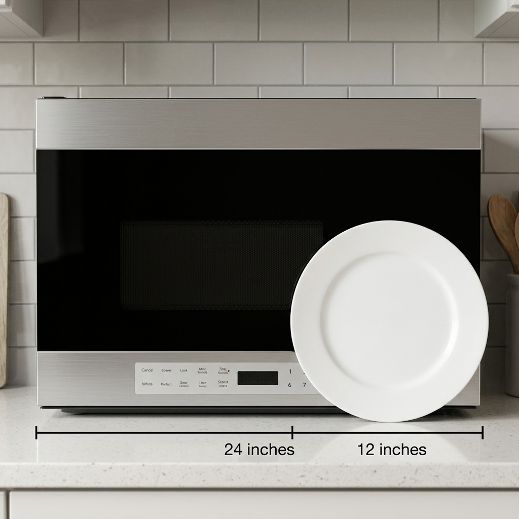 A photorealistic scale reference image showing the the 24-inch sharp over-the-range microwave next to a standard 12-inch ceramic dinner plate on a quartz kitchen counter.