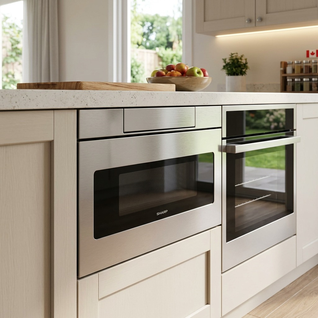 Built-in SHARP Microwave Drawer installed seamlessly under a modern kitchen countertop.