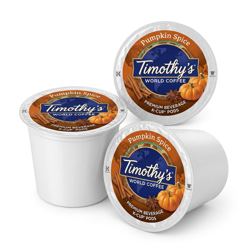 Three Timothy's Pumpkin Spice K-Cup coffee pods showing seasonal orange and pumpkin graphics.