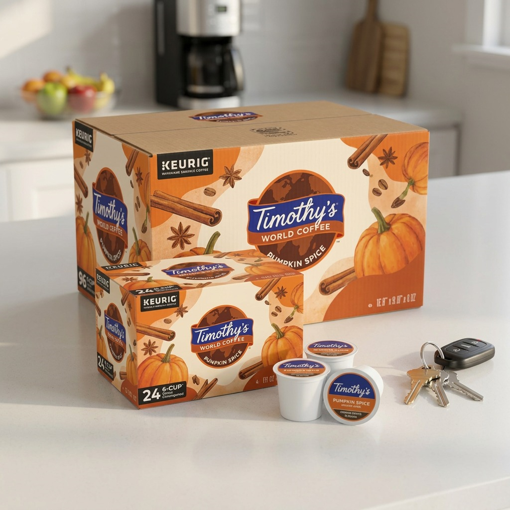 Timothy's Pumpkin Spice K-Cups cases and pods on a counter next to car keys for size comparison.