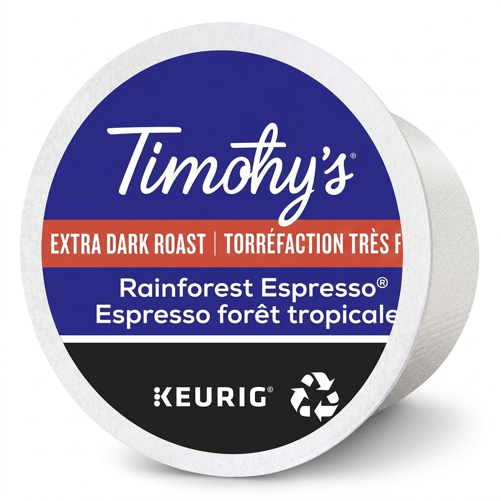 Timothy's Rainforest Espresso Extra Dark Roast Keurig K-Cup pod with blue, red, and black labeling.