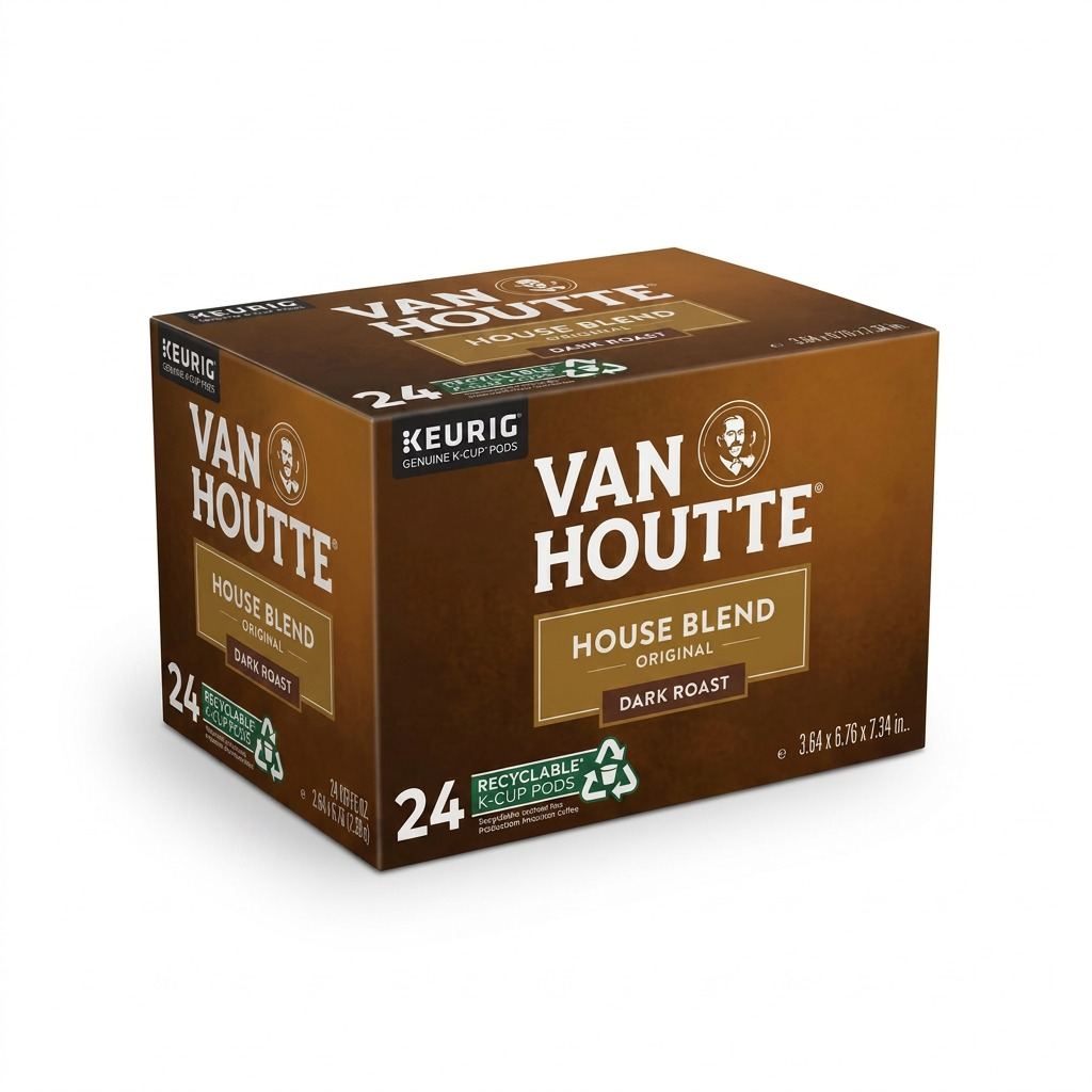 A 24-count box of Van Houtte House Blend Dark Roast recyclable K-Cup pods for Keurig.