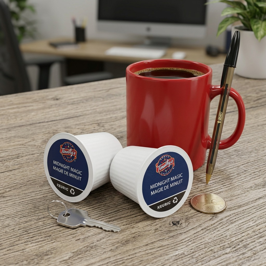 Timothy's Midnight Magic K-Cup pods on a desk next to a coffee mug, pen, and key for scale.