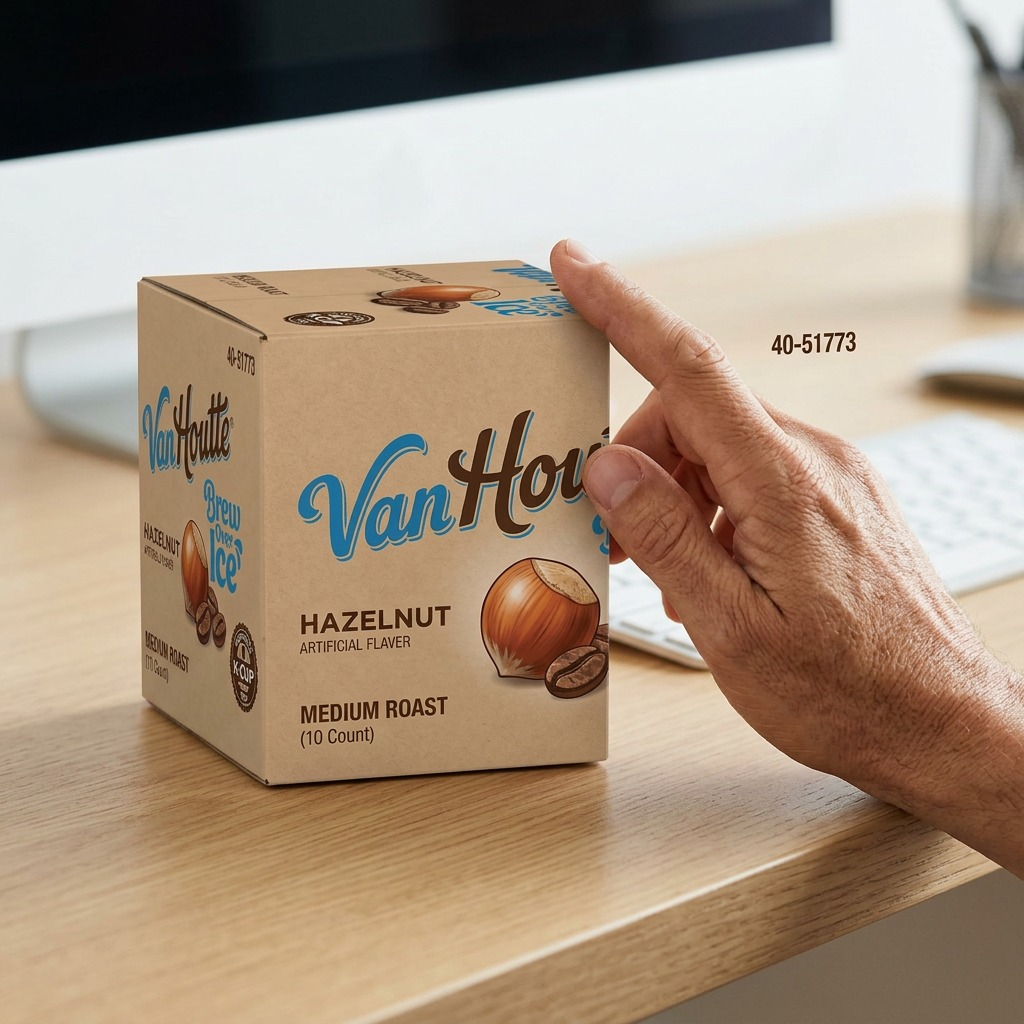 A hand touches a 10-count box of Van Houtte Hazelnut Coffee K-Cups on a desk for scale reference.