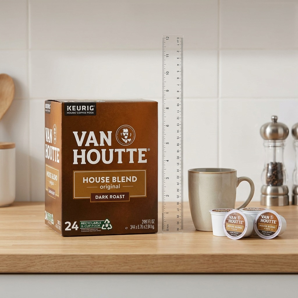 A 24-count box of Van Houtte House Blend Dark K-Cups shown next to a ruler and mug for scale.