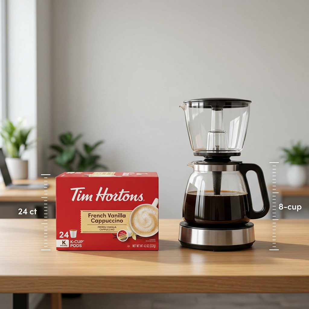 Scale comparison of a 24-count box of Tim Hortons French Vanilla Cappuccino K-Cups next to an 8-cup coffee maker.