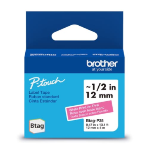 Ruban non laminé Brother d'origine BTAGP35 pour étiqueteuses P-touch, blanc sur rose – 12 mm de large x 4 m de long