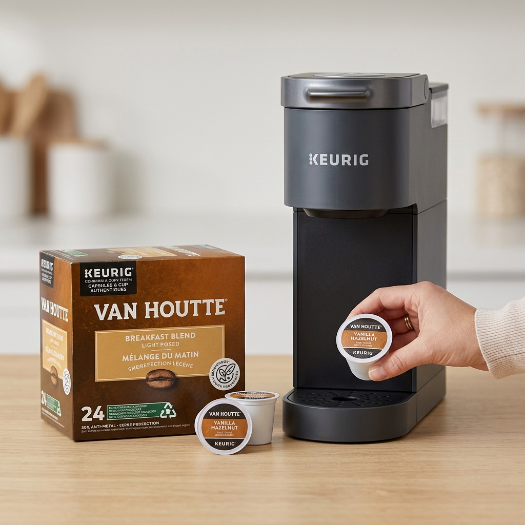 A hand holding a Van Houtte Vanilla Hazelnut K-Cup next to a Keurig brewer for scale reference.