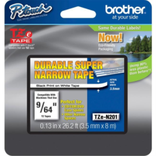 Brother Genuine TZeN201 Black on White Non-Laminated Super-Narrow 3 mm Tape for P-touch Label Makers